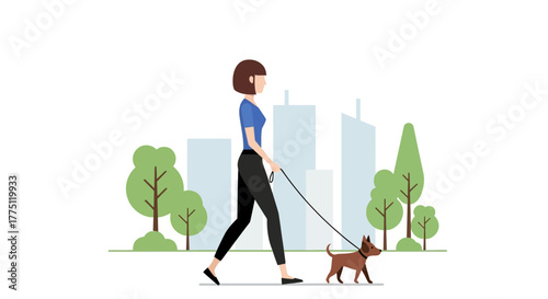 Woman enjoying a pleasant walk with her dog in a vibrant urban park setting