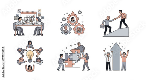 Illustrated scenes depicting teamwork collaboration partnership and business growth strategies