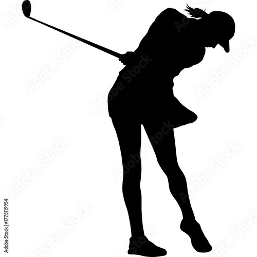 Silhouette Of A Woman Swinging A Golf Club During A Golf Game Captured From The Side On A White Background With A Transparent Overlay