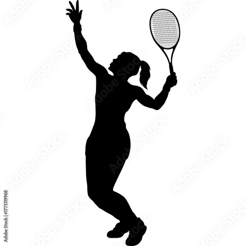 Silhouette of a Woman Tennis Player in Action Preparing to Serve a Tennis Ball with Racket Raised High in a Dynamic Pose on a White Background