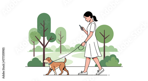 Woman enjoying an outdoor walk with her dog while casually using a mobile phone in the park