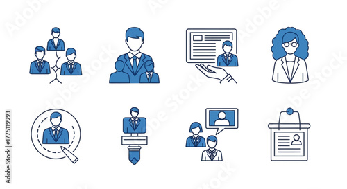 Diverse set of blue icons portraying human resources and business processes concepts