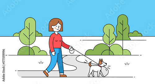 Joyful companionship: A woman and her canine friend enjoying a pleasant stroll outdoor together