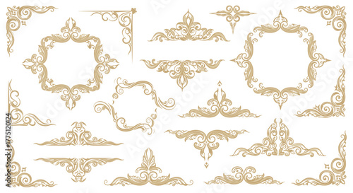 Elegant Gold Flourish Dividers & Ornamental Border Designs | Vintage Decorative Scroll Frames, Classic Victorian Luxury Line Art Elements