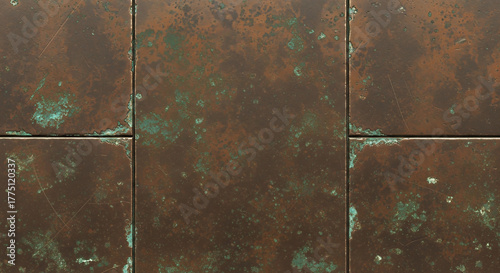 Six copper tiles displaying wear oxidation  green patina forming a textured rectangular surface