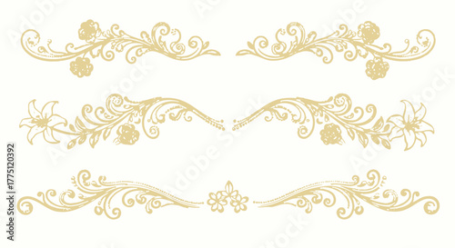 Elegant Gold Flourish Dividers & Ornamental Border Designs | Vintage Decorative Scroll Frames, Classic Victorian Luxury Line Art Elements