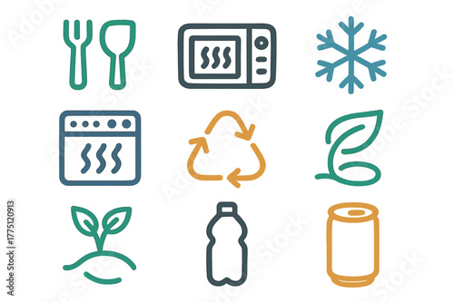 Kitchen icons representing food preparation, storage, and recycling concepts in a simple design layout