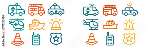 Emergency services icon set with police, ambulance, and fire truck illustrations in various colors and styles