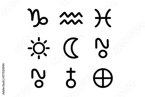 Unique symbols of zodiac signs and astrological elements displayed in a minimalistic layout on a white background