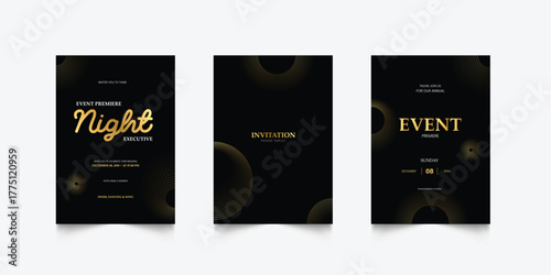 Luxury invitation card background. Golden elegant wavy gold line pattern on black background. Premium design illustration for wedding, vip cover template, grand opening, flyer.