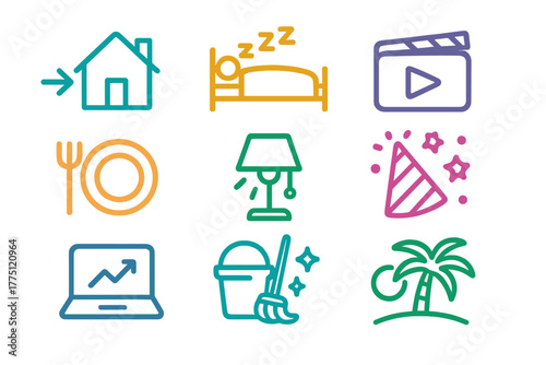 Home activities and relaxation icons representing daily life and leisure moments