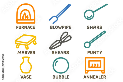 Tools used in glass blowing and pottery at a studio with various instruments and equipment for crafting