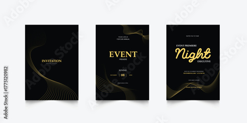Luxury invitation card background. Golden elegant wavy gold line pattern on black background. Premium design illustration for wedding, vip cover template, grand opening, flyer.