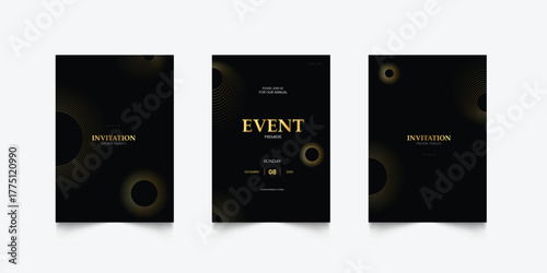 Luxury invitation card background. Golden elegant wavy gold line pattern on black background. Premium design illustration for wedding, vip cover template, grand opening, flyer.