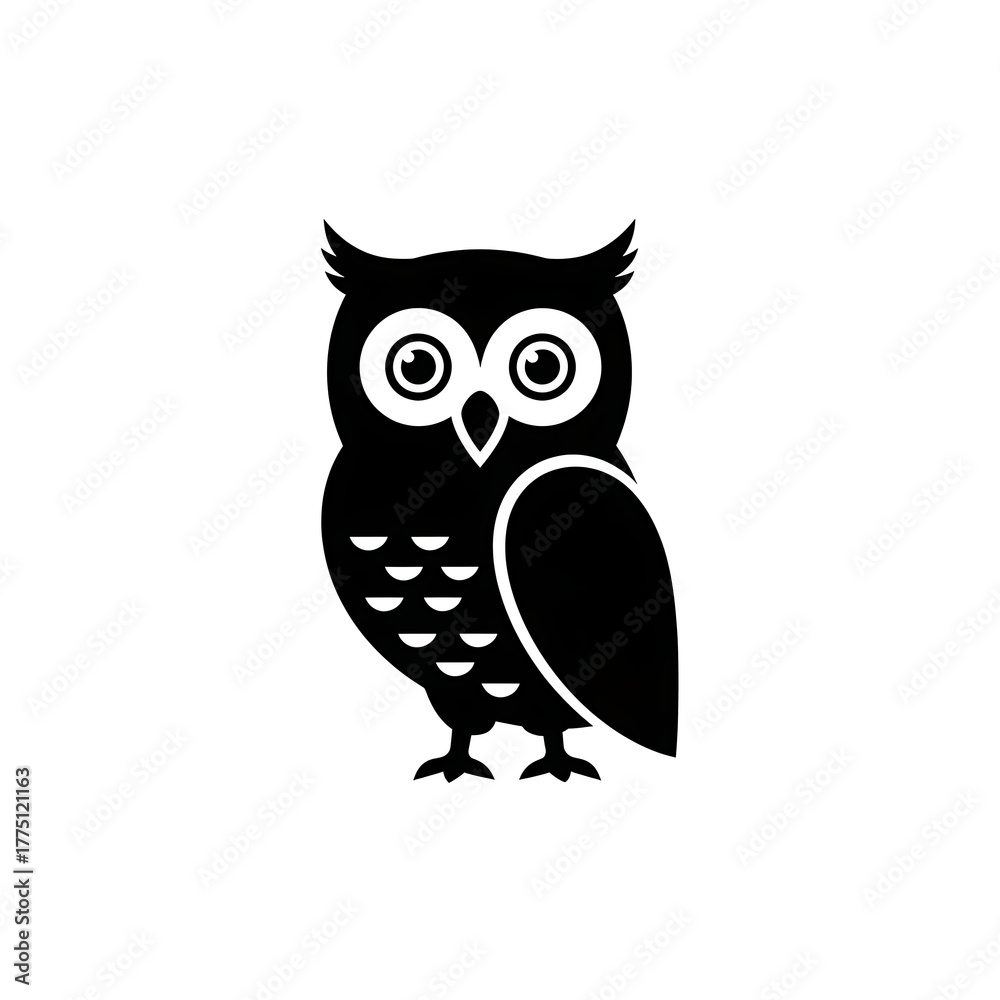 Fototapeta premium The cute cartoon owl with big eyes and a beak is perched on a tree branch, a wise nocturnal bird illustration