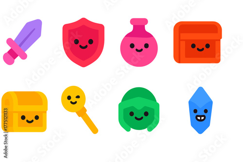 Colorful and cheerful game icons featuring various items like swords, shields, potions, and treasure chests