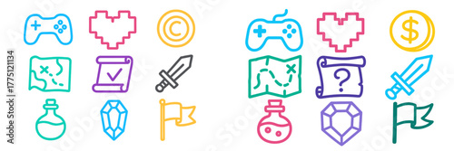 Colorful icons representing gaming elements like controllers, maps, and treasures in a playful design suitable for various uses