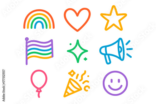Colorful icons of celebration and positivity featuring symbols like hearts and rainbows in a vibrant arrangement