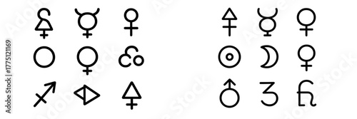 Symbols representing various celestial bodies and gender signs arranged in a grid format, showcasing a blend of astrology and symbolism