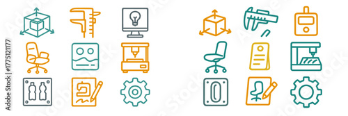 Design and engineering icons representing various tools and equipment for creative projects and manufacturing processes