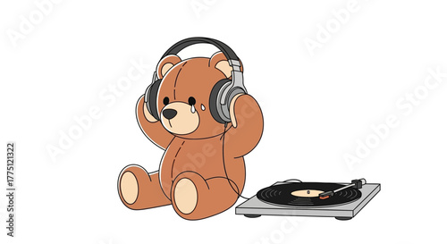 Sad teddy bear with headphones listens to melancholic music on a record player illustration