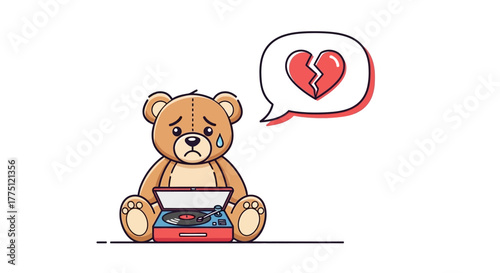 Lonely teddy bear with broken heart listens to music on the vinyl record player