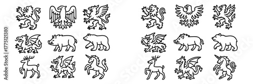 Collection of various heraldic symbols featuring mythical and real animals in a black and white design