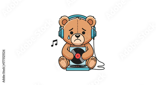 Illustration of a sad teddy bear with headphones listening to music on a record player