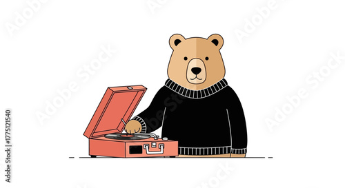 Cartoon bear spinning vinyl record with classic turntable in cozy setting illustration