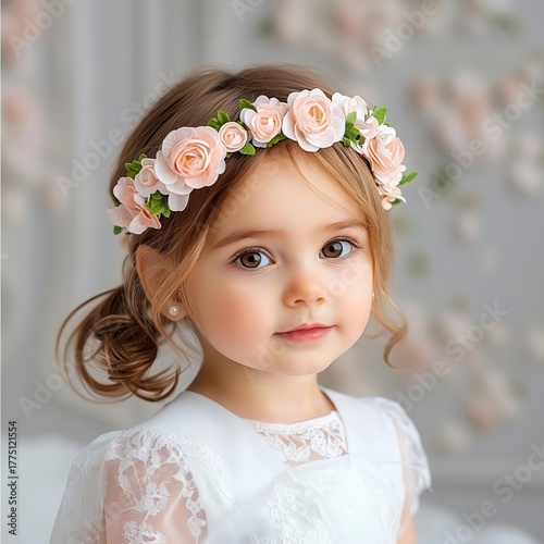 Adorable girl with floral headband, soft lighting, charming expression.