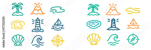 Tropical beach icons with palm trees, lighthouses, and ocean waves showcasing beach activities and scenery
