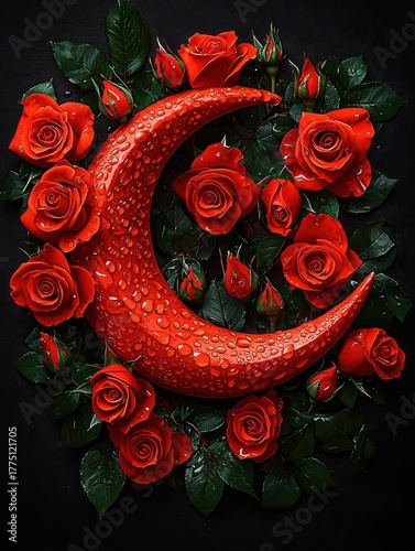 Red roses and a crescent moon with raindrops, dark backdrop enhancing beauty.