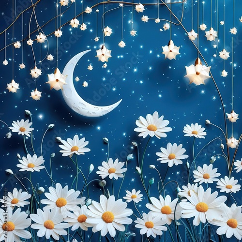 Charming scene of daisies under a starry sky with a crescent moon.
