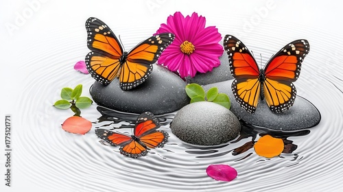 Butterflies resting on stones with vibrant flowers in serene water.