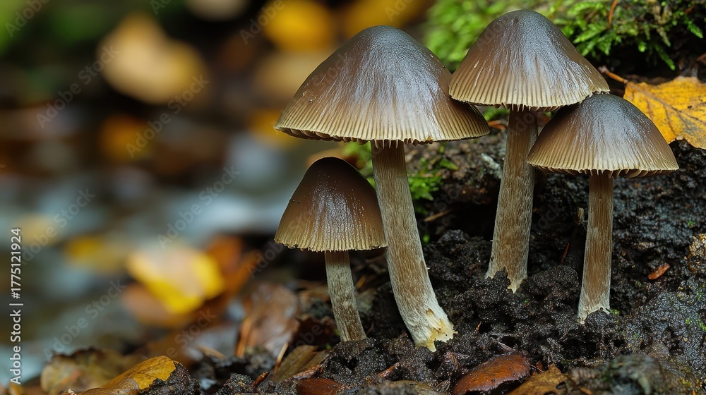 Fototapeta premium Several brown mushrooms growing in forest soil