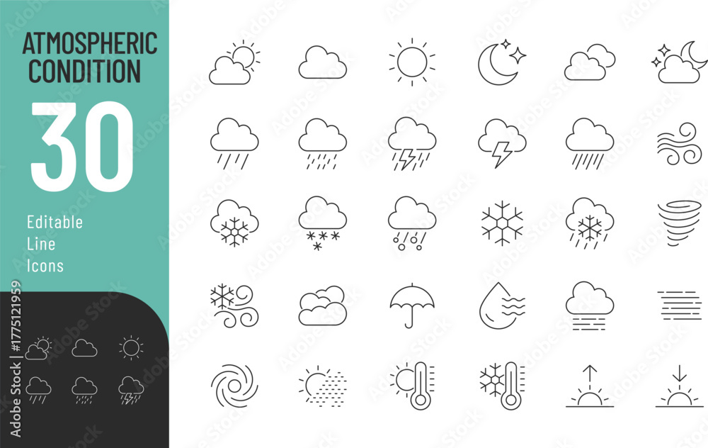 Fototapeta premium Atmospheric Conditions Line Editable Icons set. Vector illustration in modern thin style of weather phenomena related icons: rationality, sun, cloud, rain, and more. Isolated on transparent background
