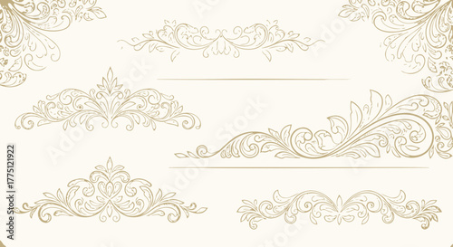 Elegant Gold Flourish Dividers & Ornamental Border Designs | Vintage Decorative Scroll Frames, Classic Victorian Luxury Line Art Elements