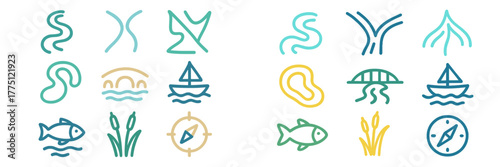 Unique collection of hand-drawn aquatic symbols featuring boats, fish, and waves on a light background