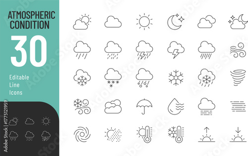 Atmospheric Conditions Line Editable Icons set. Vector illustration in modern thin style of weather phenomena related icons: rationality, sun, cloud, rain, and more. Isolated on transparent background