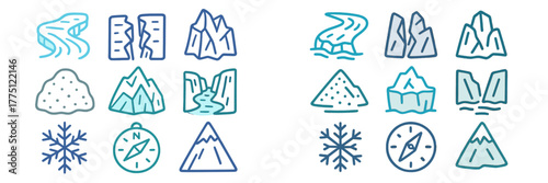 Illustrations of various ice formations, landscapes, and navigation symbols representing a winter theme