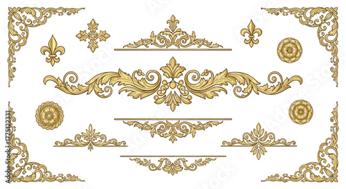 Elegant Gold Flourish Dividers & Ornamental Border Designs | Vintage Decorative Scroll Frames, Classic Victorian Luxury Line Art Elements