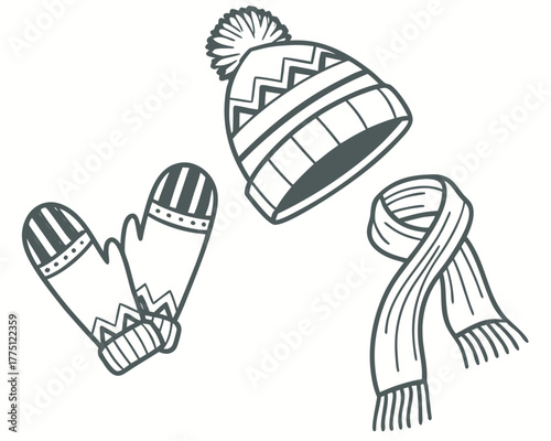 Winter accessories featuring hat, scarf and mittens