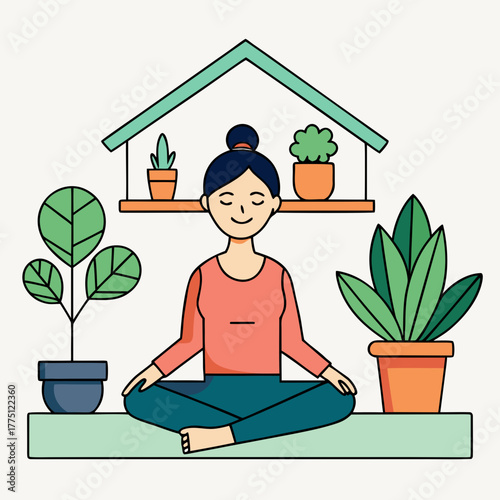 Woman meditating in lotus position with plants and shelves