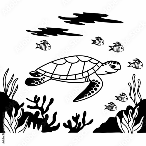 A sea turtle swimming underwater with fish