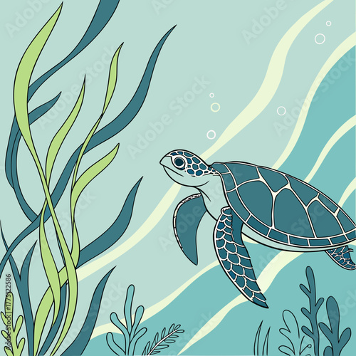 Sea turtle swimming in the ocean with seaweed and bubbles illustration