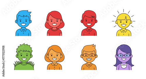 Diverse characters in vivid colors showcasing individuality and togetherness through simple and