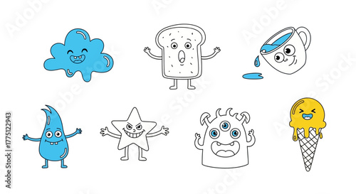 Collection of quirky cartoon character illustrations, perfect for children's content or creative