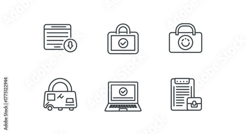Variety of monochrome vector icons representing digital downloads, security, and transport