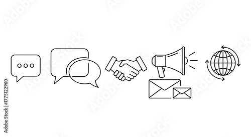 Simple line icon graphic of communication methods for global business engagement