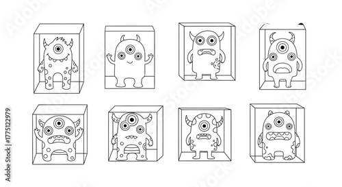 Eight quirky outlined monsters showcased within individual minimalistic square frames exhibit